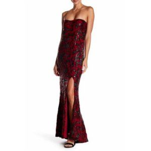Marina Maroon & Black Sequin Strapless Sequin Gown